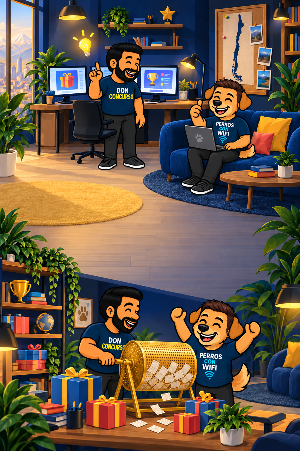 Los dos amigos de Don Concurso mirándose mientras trabajan juntos en su estudio con computadores, sofá, regalos y una tómbola